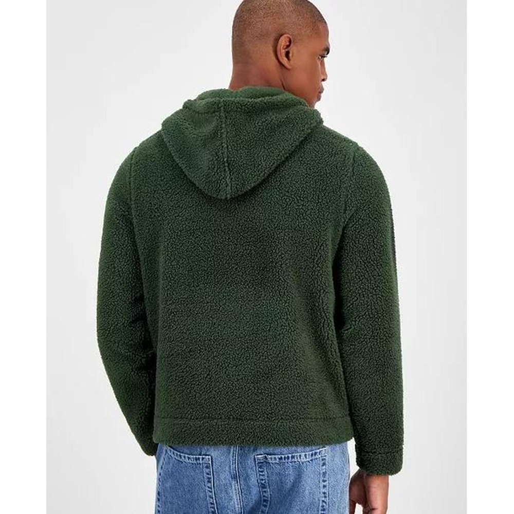 Sun + Stone Mens‎ Tate Sherpa Hoodie Black Forest Green Fleece Pullover Medium